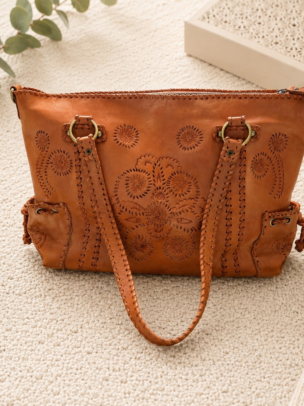 Leather Laser-Cut Tote Bag in Cognac